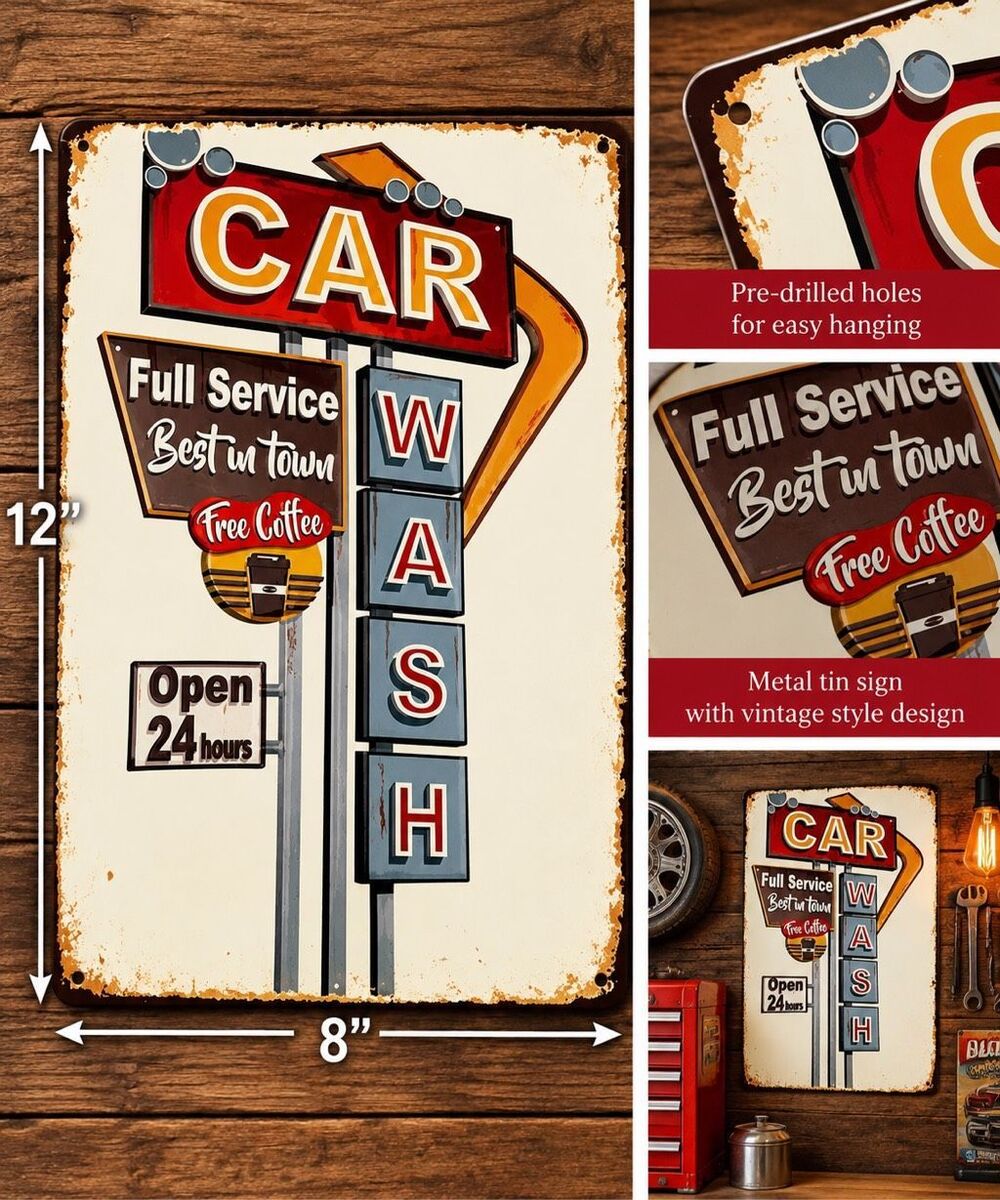 Retro Car Wash Full Service Metal Tin Sign 8x12 New